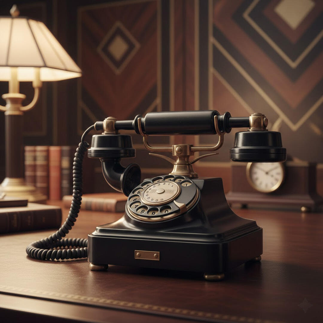 Desktop Definition Antique phone and dictionary on desktop in art deco style
